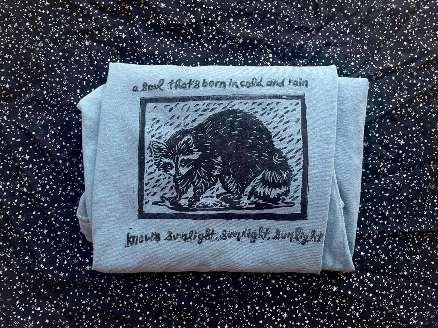 Marty Rainy Raccoon Handprinted T-Shirt